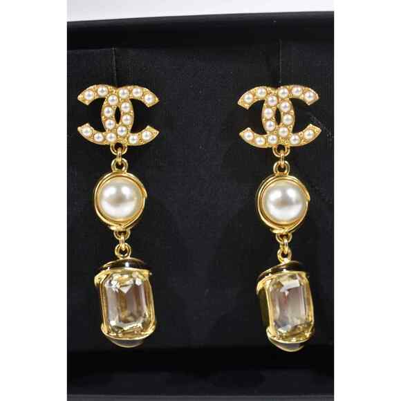Chanel 22A Gold Pearl White Crystal XL Logo Large Dangle Drop Statement Earrings - Picture 7 of 12